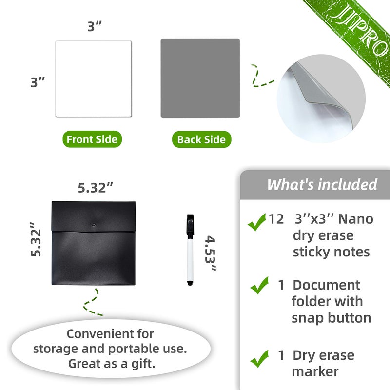 JJPRO Dry Erase Sticky Notes. Reusable Whiteboard Stickers 3"x3" 12 Pack. Suitable for All Smooth Surface. Great for Labels, Lists, Reminders and Decals. Washable, Removable and Eco-Friendly - Image 4